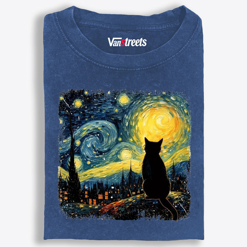 Van Gogh Starry Night CatRetro Washed T-Shirt | 100% Cotton | Streetwear Essential