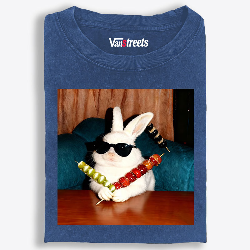 Rabbit Holding Candied Haws Sunglasses Retro Washed T-Shirt | 100% Cotton | Streetwear Essential