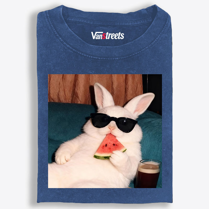 Rabbit Eating Watermelon Sunglasses Retro Washed T-Shirt | 100% Cotton | Streetwear Essential