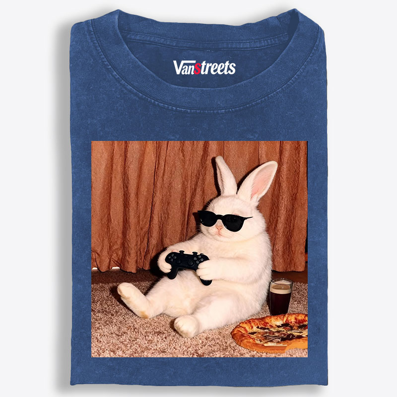 Gamer Rabbit Playing Video Game Retro Washed T-Shirt | 100% Cotton | Streetwear Essential