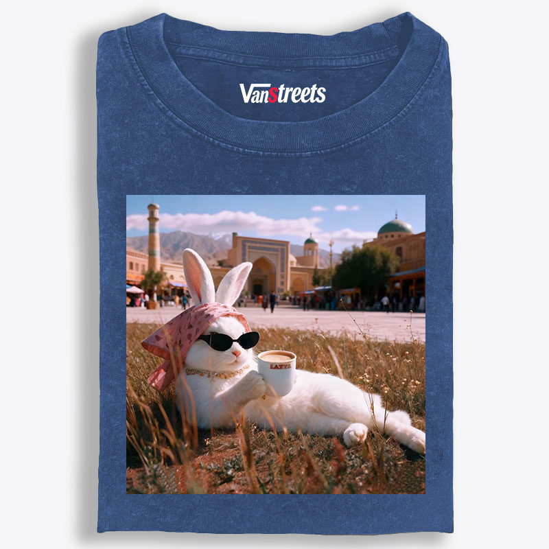 Rabbit Drinking Tea Uyghur Style Retro Washed T-Shirt | 100% Cotton | Streetwear Essential