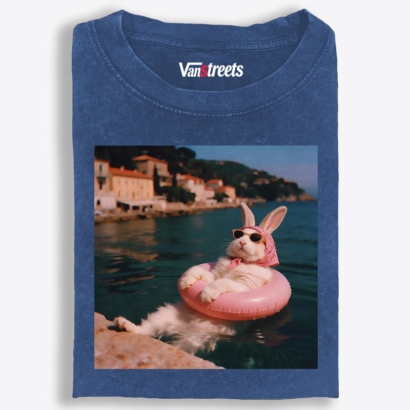 Rabbit On Vacation Swimming Ring Retro Washed T-Shirt | 100% Cotton | Streetwear Essential