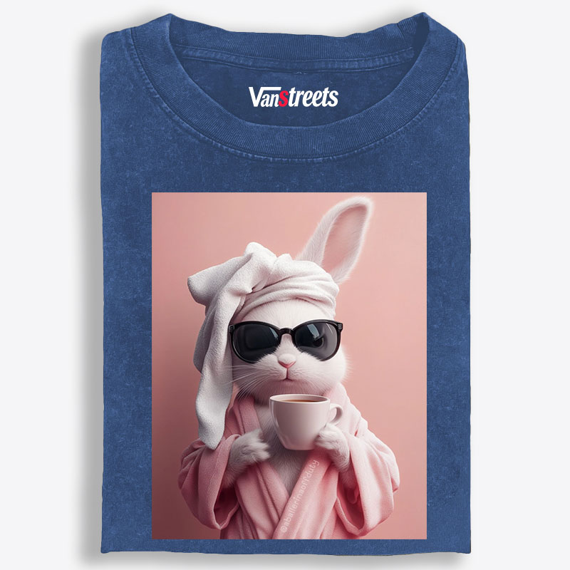 Bunny in Bathrobe Morning Coffee Retro Washed T-Shirt | 100% Cotton | Streetwear Essential