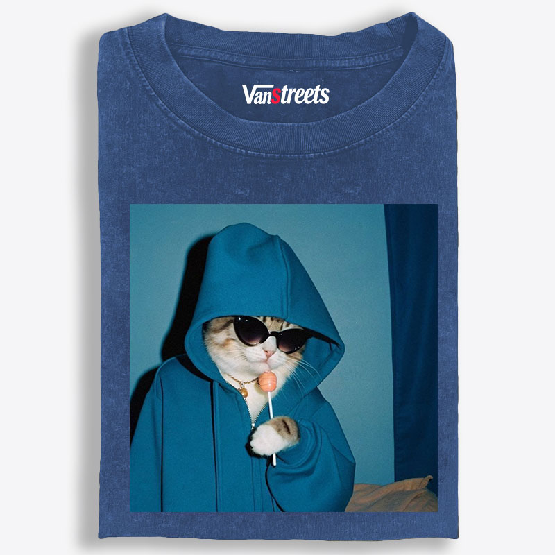 Hoodie Cat with Lollipop Cool Guy Retro Washed T-Shirt | 100% Cotton | Streetwear Essential