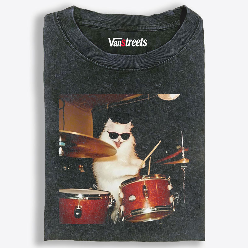 Rock And Roll Cat Drummer Meme Retro Washed T-Shirt | 100% Cotton | Streetwear Essential