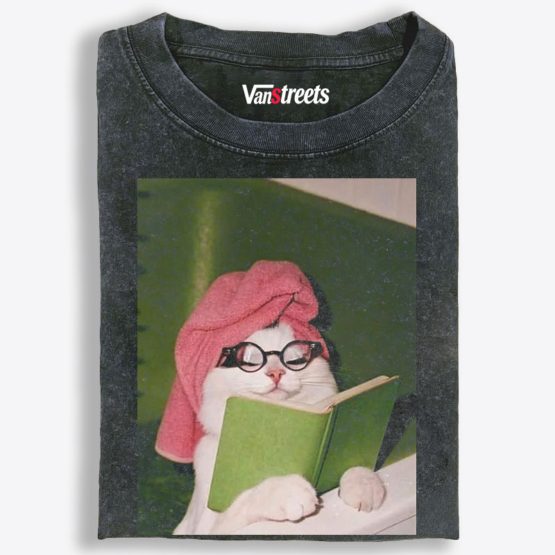 Cat Reading Book With Towel On Head Meme Retro Washed T-Shirt | 100% Cotton | Streetwear Essential