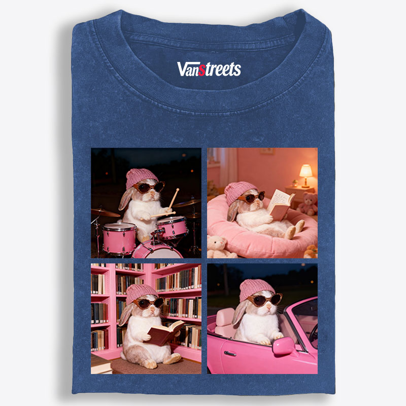 Cool Bunny 4-Panel Life Meme Retro Washed T-Shirt | 100% Cotton | Streetwear Essential