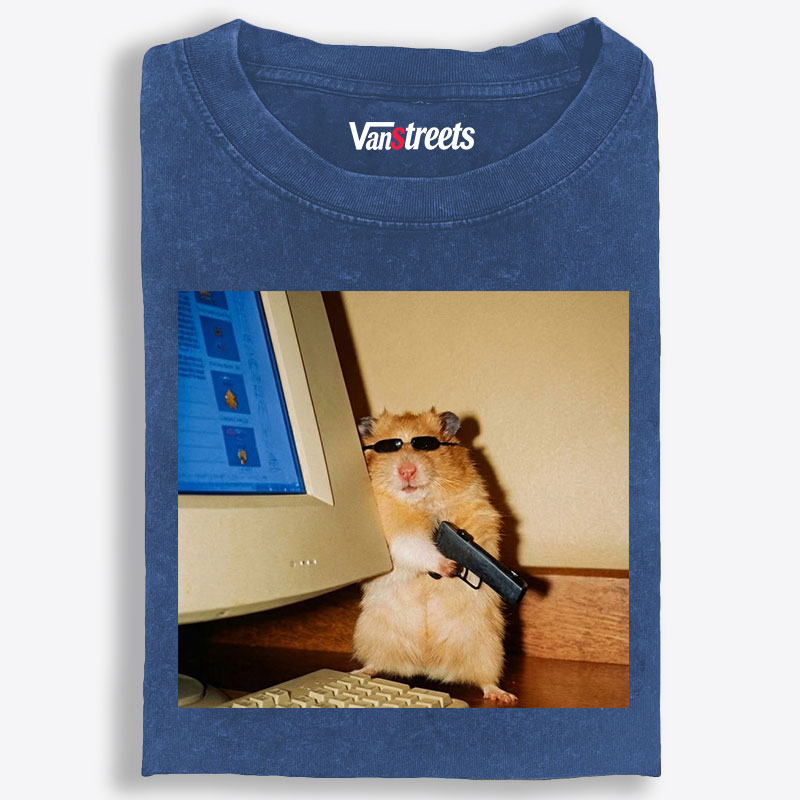 Hacker Hamster With Gun Meme Retro Washed T-Shirt | 100% Cotton | Streetwear Essential