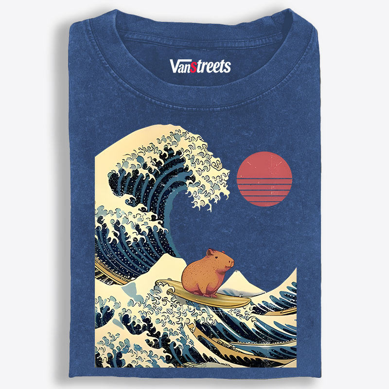 Capybara Surfing Ukiyo-e Retro Washed T-Shirt | 100% Cotton | Streetwear Essential