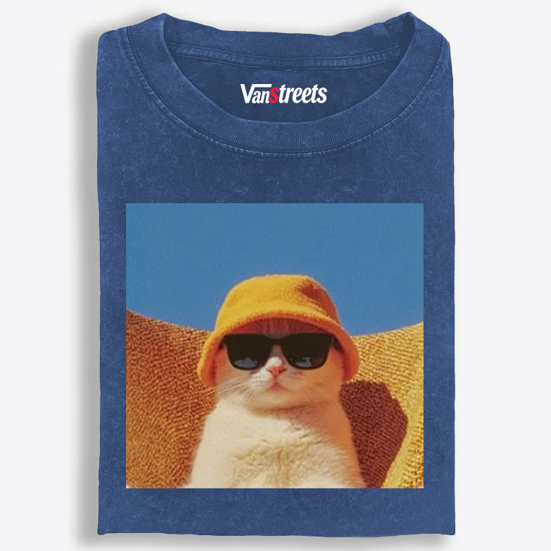 Cool Cat In Yellow Bucket Hat Streetwear Retro Washed T-Shirt | 100% Cotton | Streetwear Essential