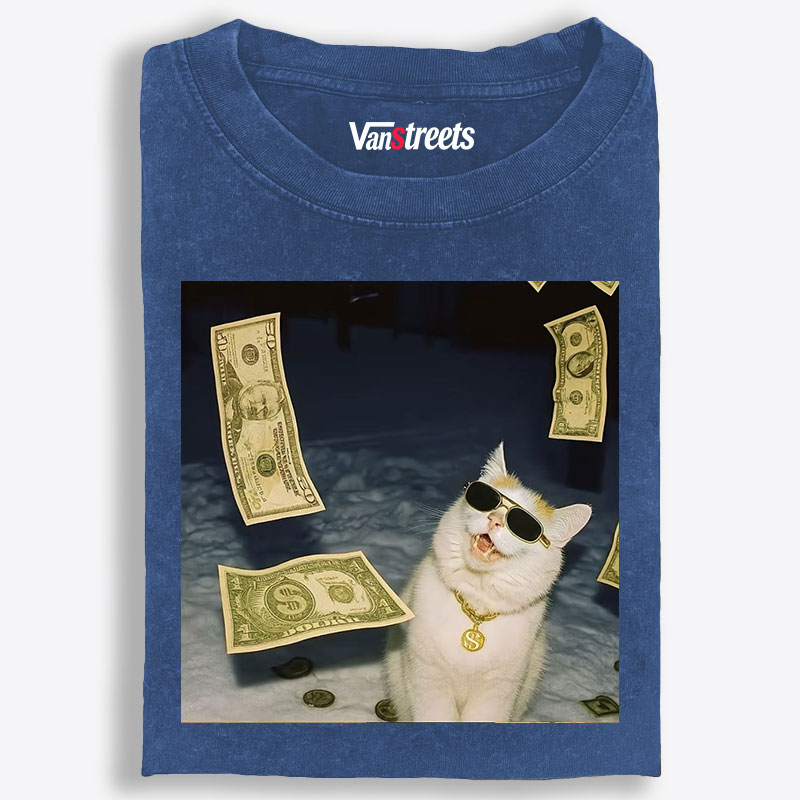 Rich Cat In Money Rain Meme Retro Washed T-Shirt | 100% Cotton | Streetwear Essential