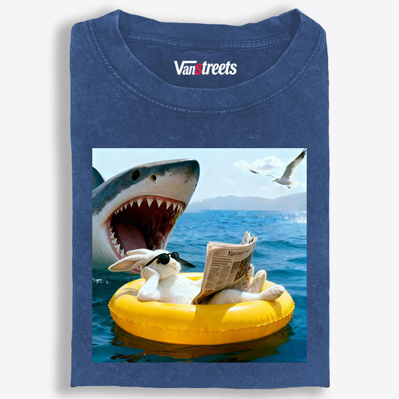 Bunny Reading Newspaper With Shark Retro Washed T-Shirt | 100% Cotton | Streetwear Essential