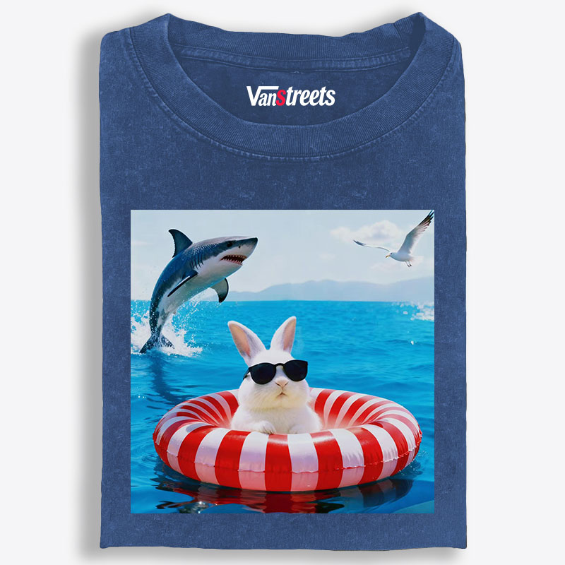 Bunny In Pool Float With Jumping Shark Retro Washed T-Shirt | 100% Cotton | Streetwear Essential
