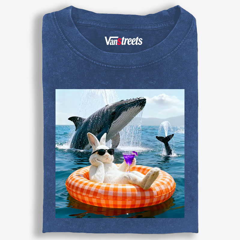 Bunny Drinking Cocktail With Whale Retro Washed T-Shirt | 100% Cotton | Streetwear Essential