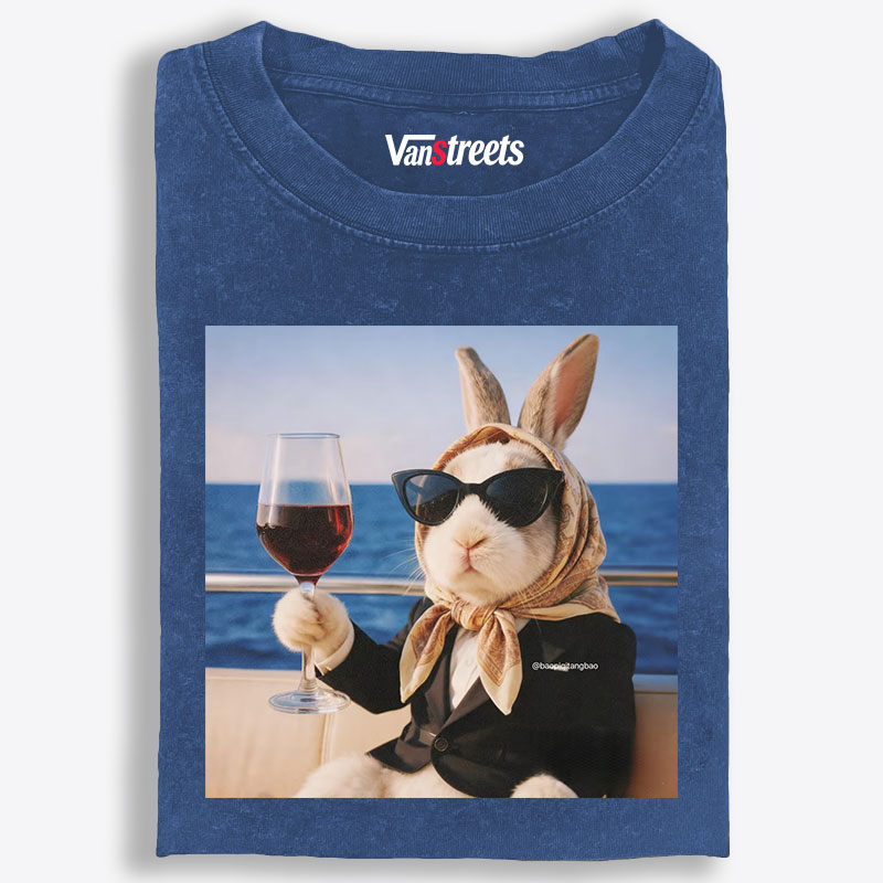 Rich Bunny Drinking Wine On Yacht Retro Washed T-Shirt | 100% Cotton | Streetwear Essential