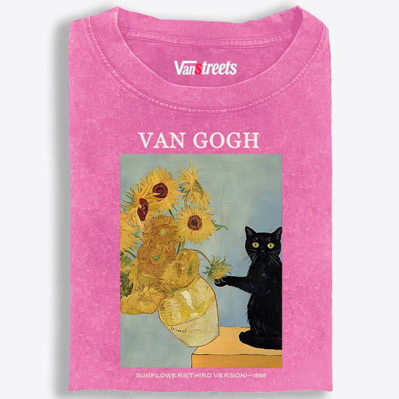 Playful Cat Meets Van Gogh Sunflowers Retro Washed T-Shirt | 100% Cotton | Streetwear Essential