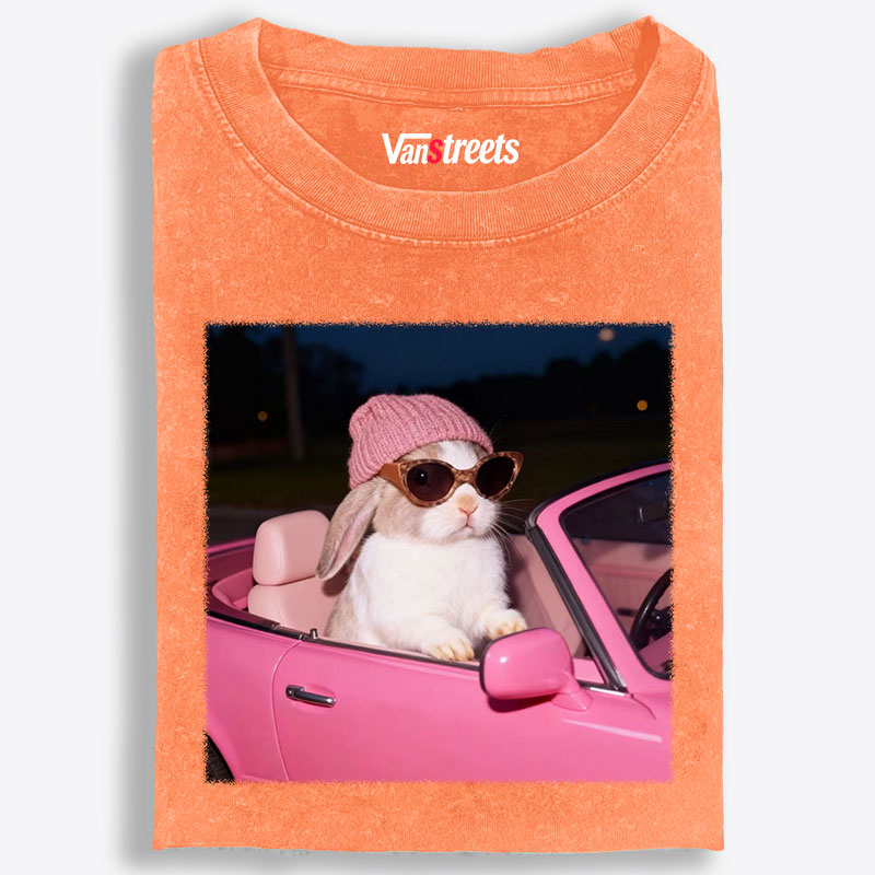 Fashion Bunny Cruising In Pink Car Retro Washed T-Shirt | 100% Cotton | Streetwear Essential