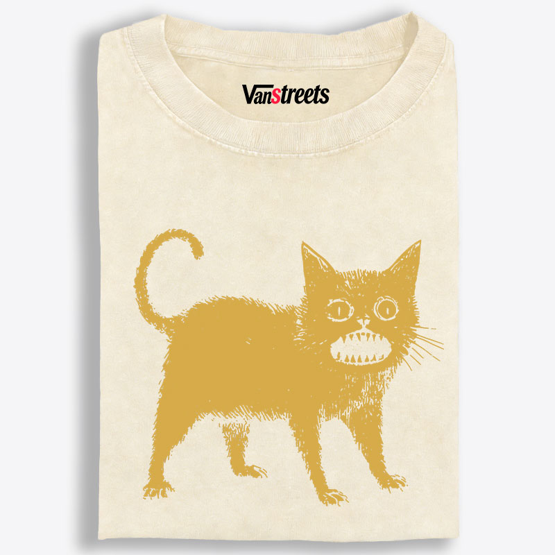 Creepy Yellow Cat Retro Washed T-Shirt | 100% Cotton | Streetwear Essential