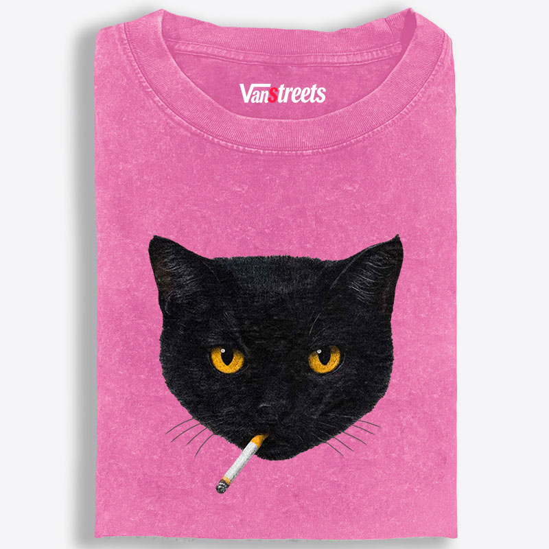Smoking Black Cat Retro Washed T-Shirt | 100% Cotton | Streetwear Essential