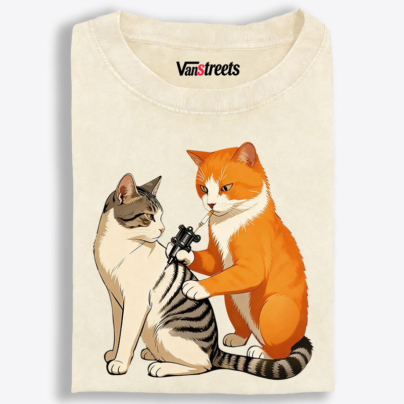Tattoo Artist Orange Cat Retro Washed T-Shirt | 100% Cotton | Streetwear Essential