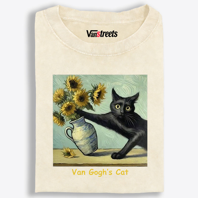 Van Gogh's Cat with Sunflowers Retro Washed T-Shirt | 100% Cotton | Streetwear Essential