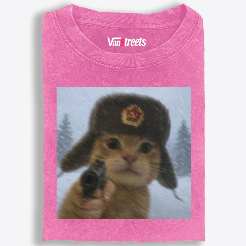Soviet Ushanka Cat Retro Washed T-Shirt | 100% Cotton | Streetwear Essential