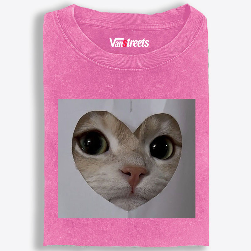 Heart Cutout Cat Face Retro Washed T-Shirt | 100% Cotton | Streetwear Essential