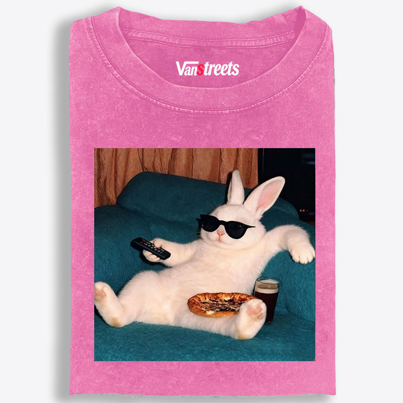 Couch Potato Bunny Retro Washed T-Shirt | 100% Cotton | Streetwear Essential