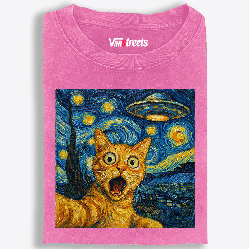 Cat in Starry Night with UFO Meme Cat in Starry Night with UFO Meme Retro Washed T-Shirt | 100% Cotton | Streetwear Essential