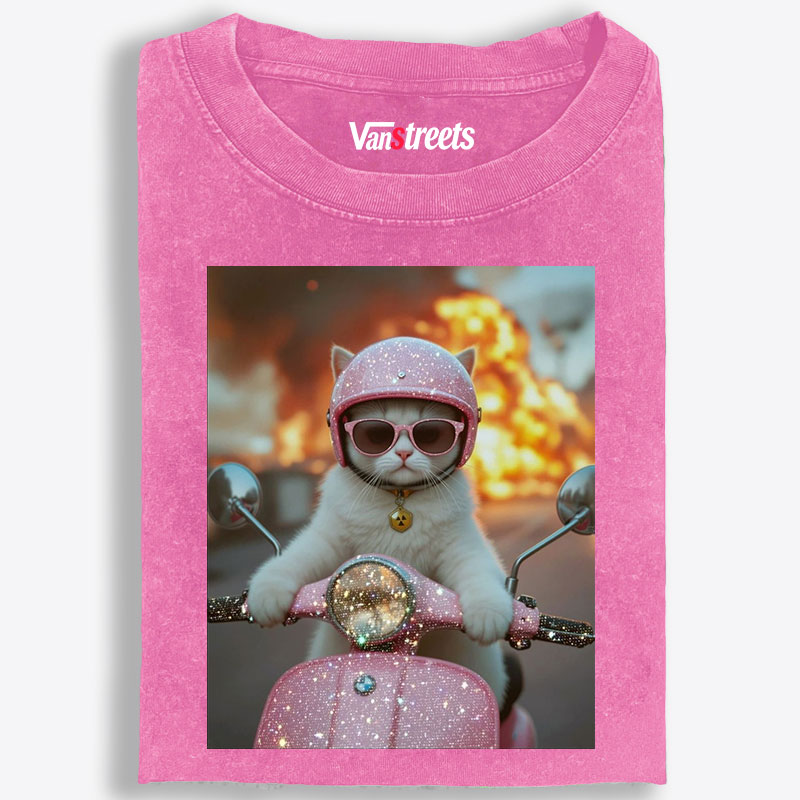 Pink Scooter Cat & Explosion Meme Retro Washed T-Shirt | 100% Cotton | Streetwear Essential