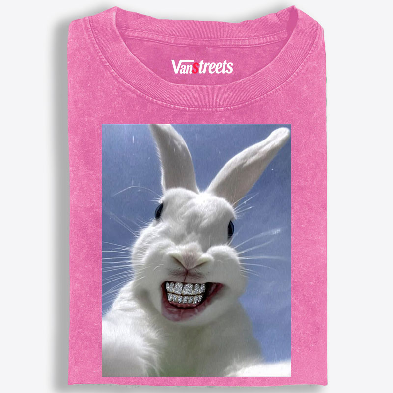 Diamond Teeth Rabbit Retro Washed T-Shirt | 100% Cotton | Streetwear Essential