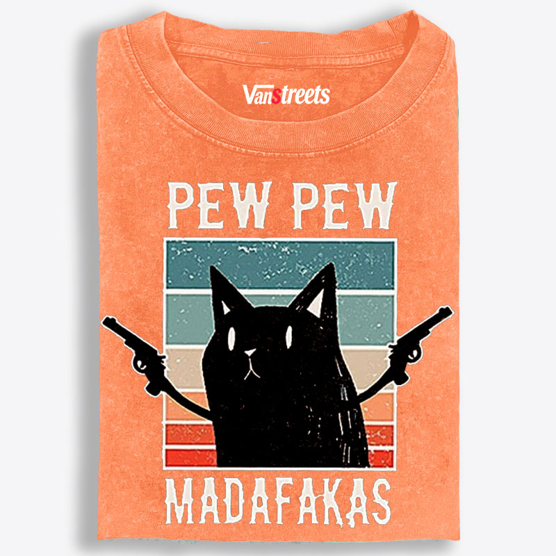 "Pew Pew Madafakas" Black Cat Retro Washed T-Shirt | 100% Cotton | Streetwear Essential