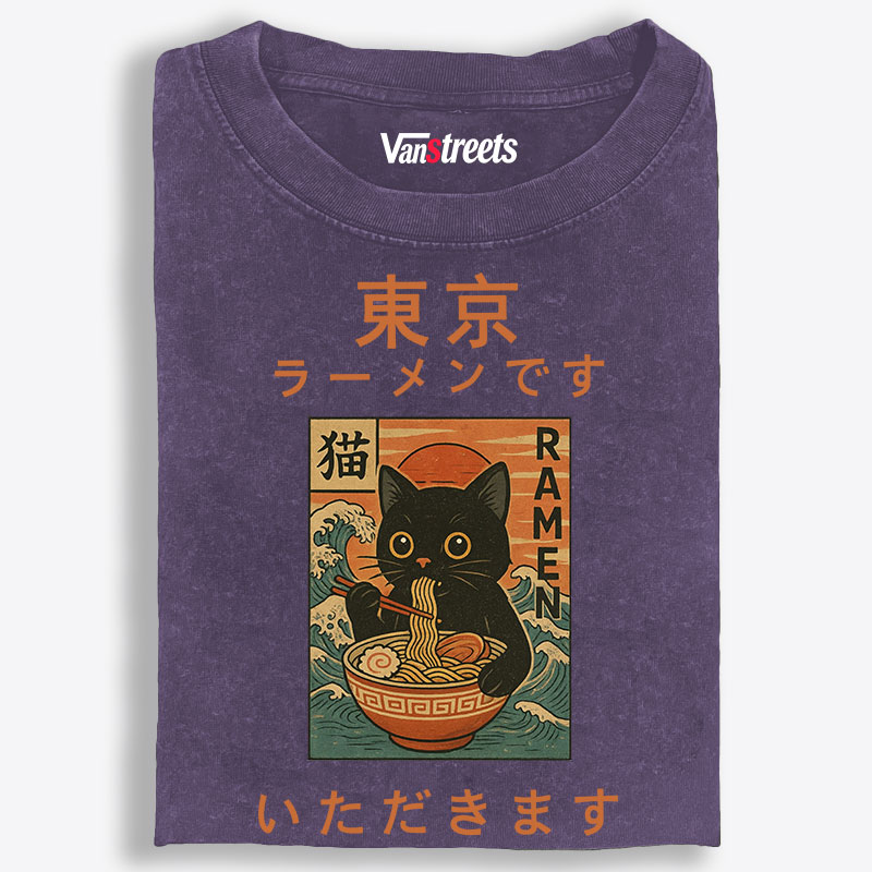 Tokyo Ramen Cat Retro Washed T-Shirt | 100% Cotton | Streetwear Essential