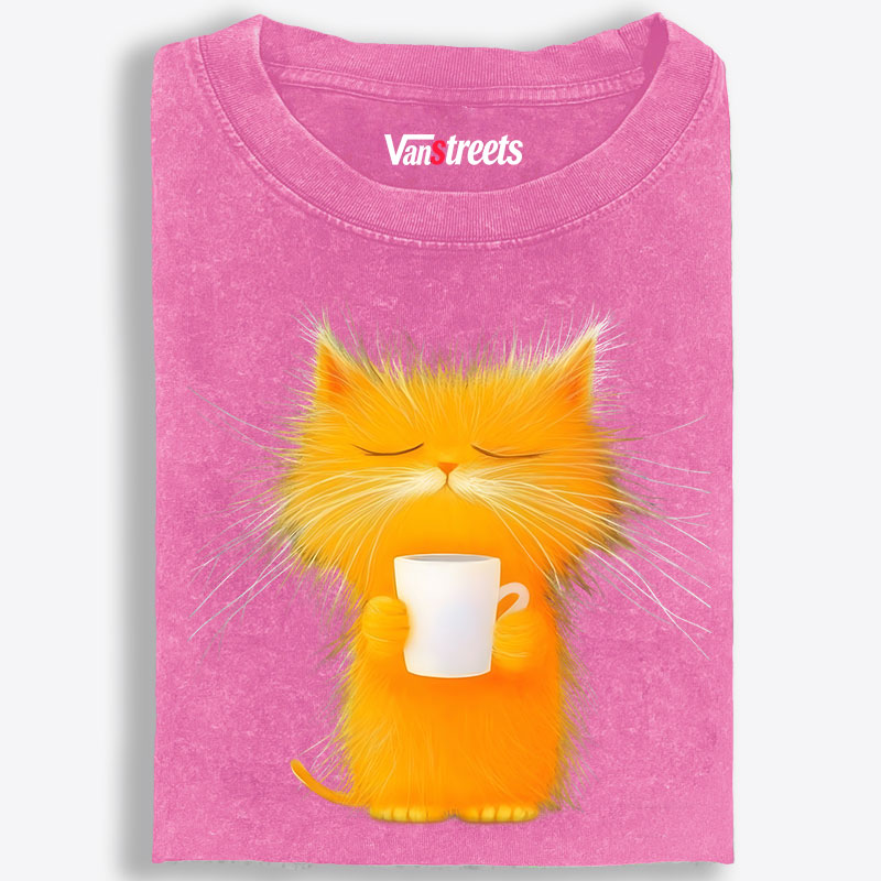 Fluffy Orange Cat with Coffee Retro Washed T-Shirt | 100% Cotton | Streetwear Essential