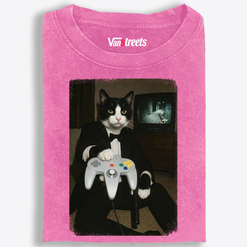 Vintage Tuxedo Cat Gamer Graphic Edition Retro Washed T-Shirt | 100% Cotton | Streetwear Essential
