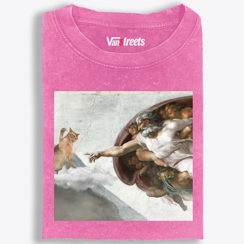 Cat Parody of "The Creation of Adam" Art Retro Washed T-Shirt | 100% Cotton | Streetwear Essential