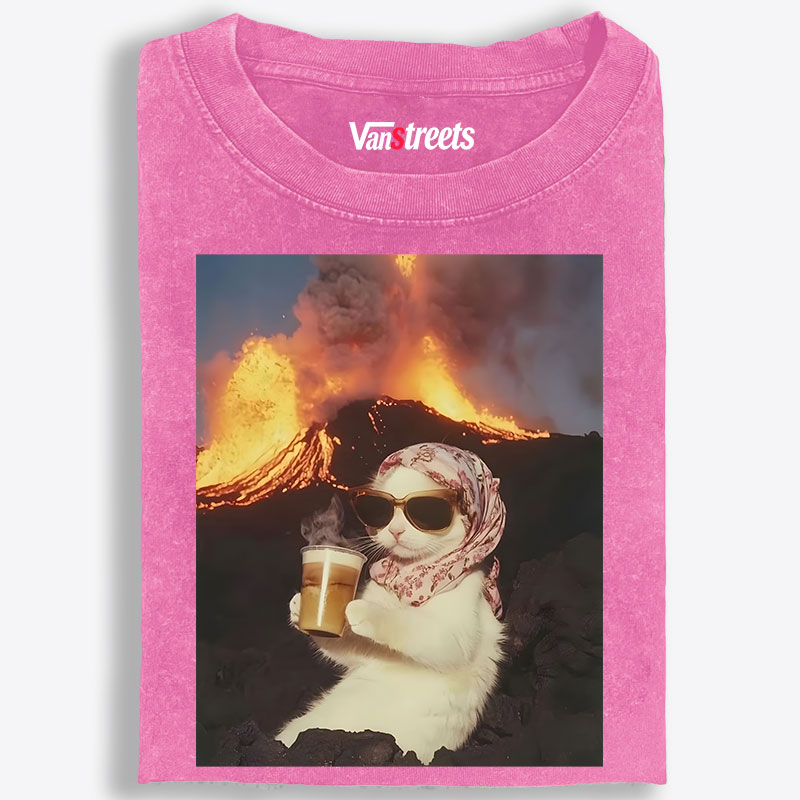 Volcano Coffee Cat Meme Retro Washed T-Shirt | 100% Cotton | Streetwear Essential
