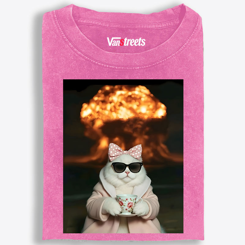 Cat with Tea & Nuclear Explosion Retro Washed T-Shirt | 100% Cotton | Streetwear Essential