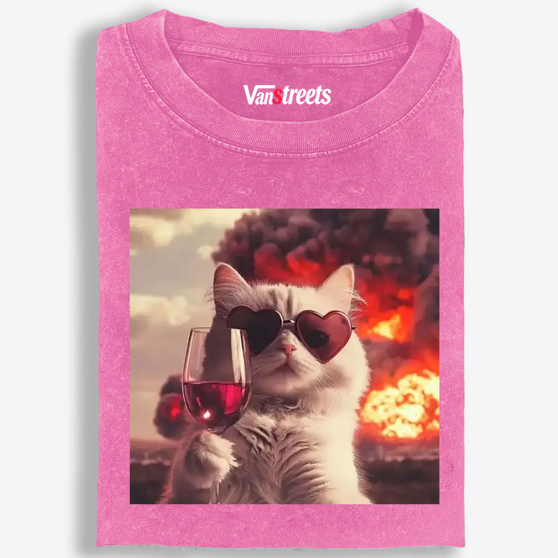 Cat with Wine & Explosion Meme Retro Washed T-Shirt | 100% Cotton | Streetwear Essential