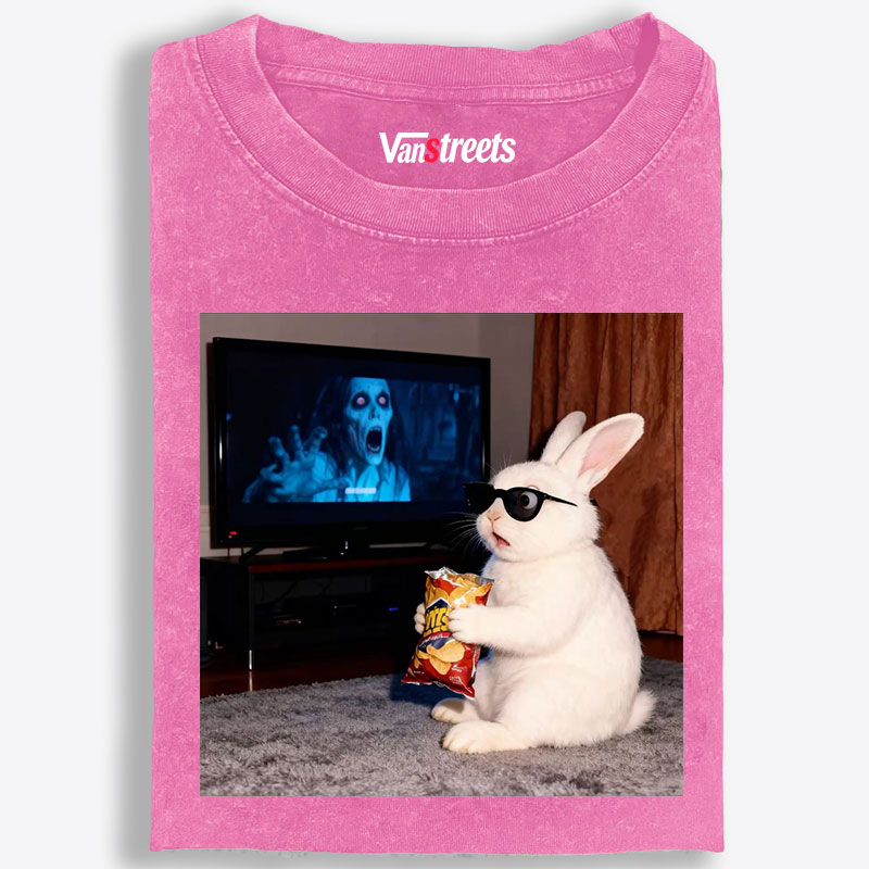 Horror Movie Watching Bunny Retro Washed T-Shirt | 100% Cotton | Streetwear Essential