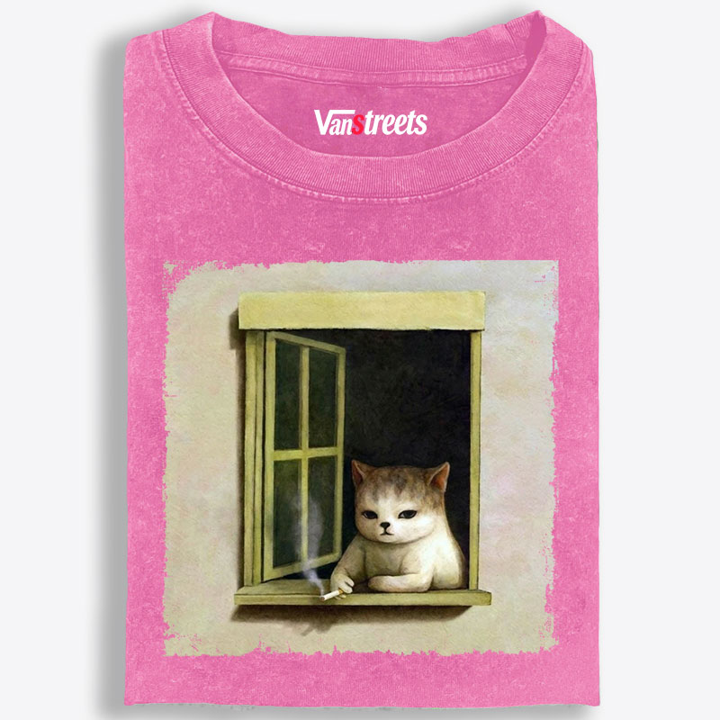 Vintage Solitude Cat Illustration Retro Washed T-Shirt | 100% Cotton | Streetwear Essential