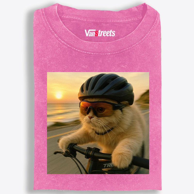 Cycling Cat at Sunset Retro Washed T-Shirt | 100% Cotton | Streetwear Essential