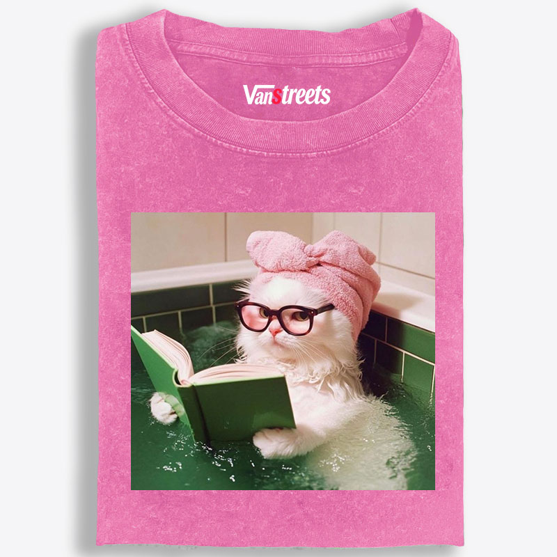 Bathtub Reading Cat Aesthetic Retro Washed T-Shirt | 100% Cotton | Streetwear Essential