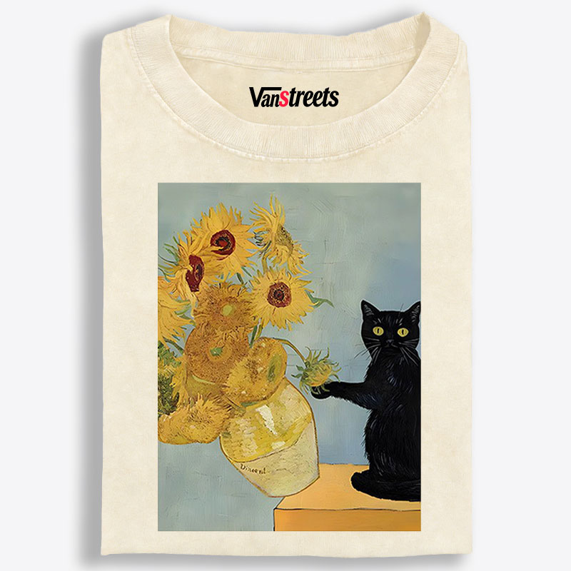 Playful Cat Meets Van Gogh Sunflowers Retro Washed T-Shirt | 100% Cotton | Streetwear Essential