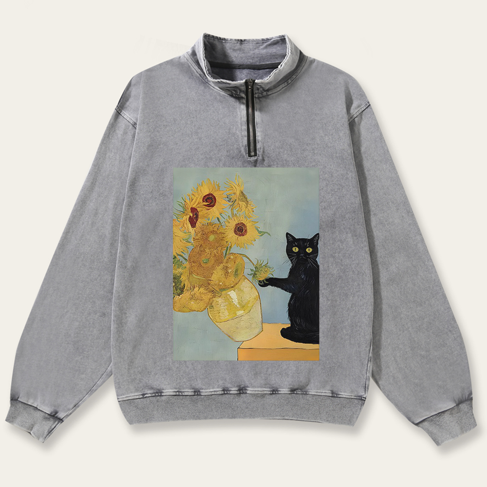 Playful Cat Meets Van Gogh Sunflowers Retro Washed Zip-Up Mock Neck Sweatshirt