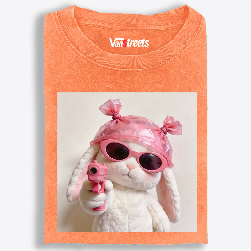 Pink Gun Gangsta Bunny Meme Retro Washed T-Shirt | 100% Cotton | Streetwear Essential