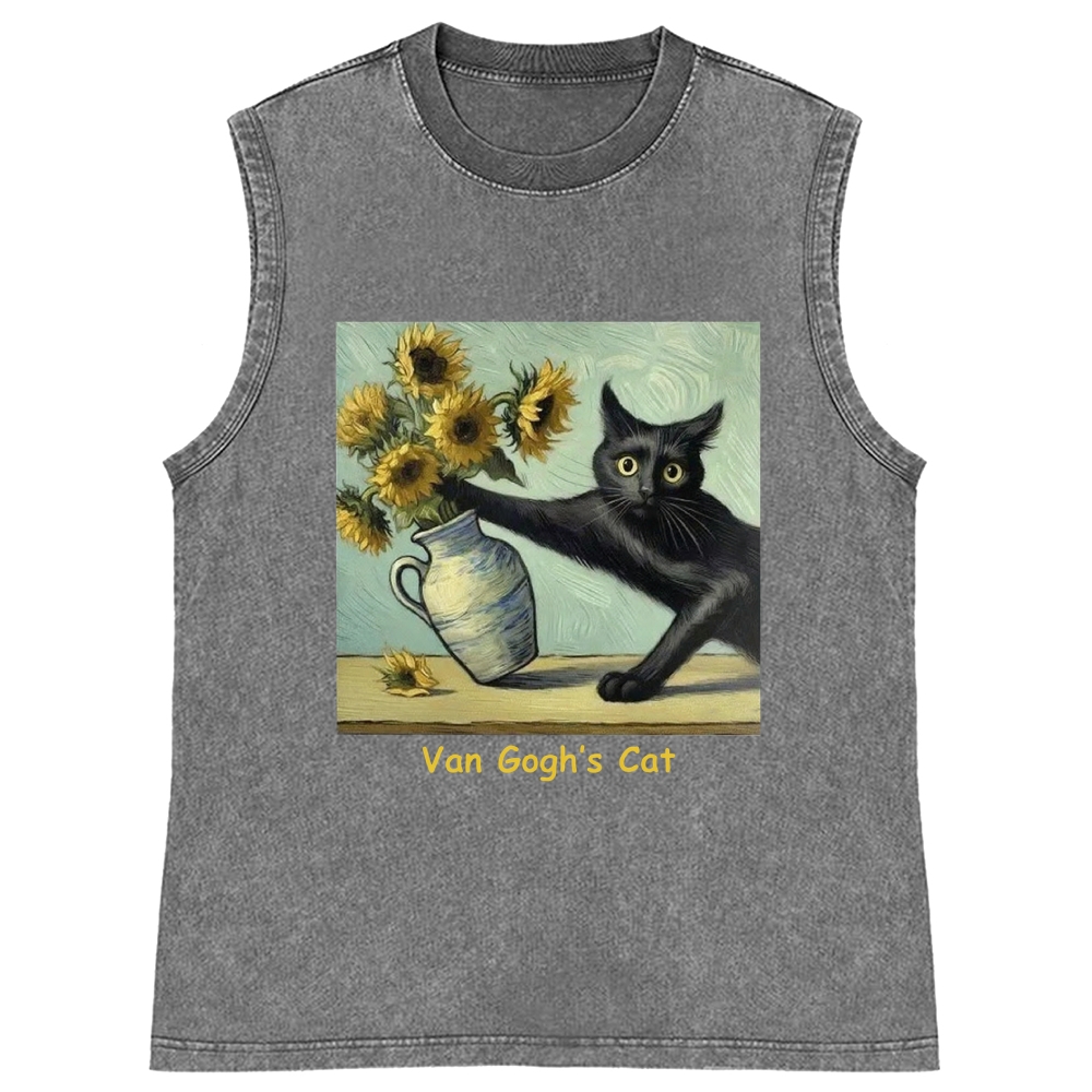 Van Gogh's Cat with Sunflowers Retro Washed Tank Top