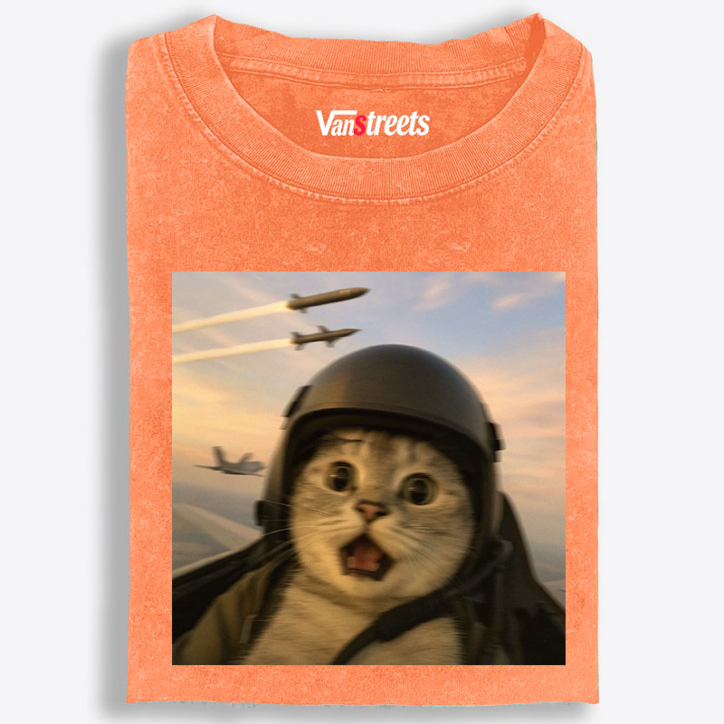 Fighter Jet Cat Pilot Meme Retro Washed T-Shirt | 100% Cotton | Streetwear Essential