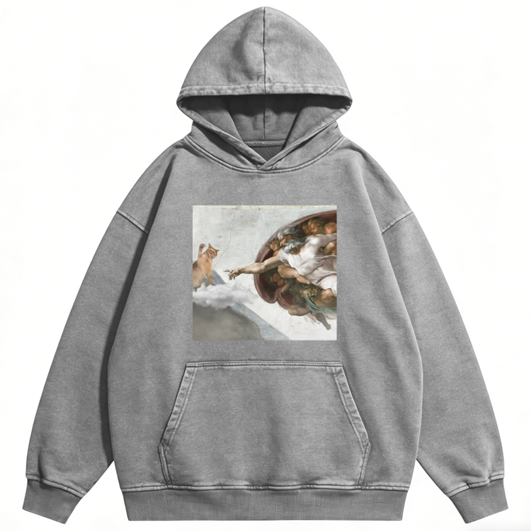 Cat Parody of "The Creation of Adam" Art Retro Washed Hoodie