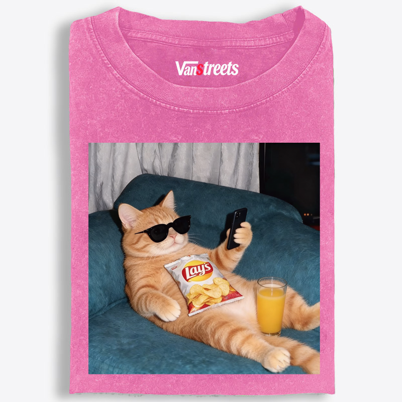Snack Time Orange Cat Washed T-Shirt | 100% Cotton | Streetwear Essential